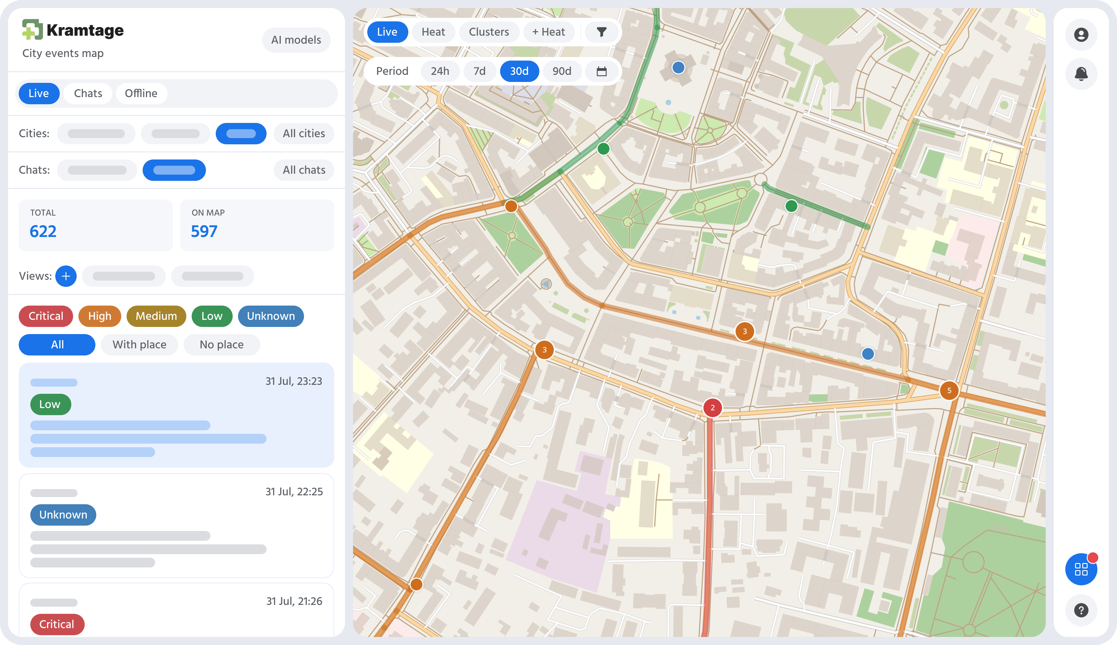 The map with posts from local Telegram channels pinned to the streets they mention